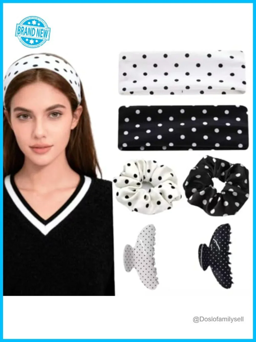 6 Piece Polka Dot Hair Set with Headbands Claw Clips Scrunchies - Non Slip
